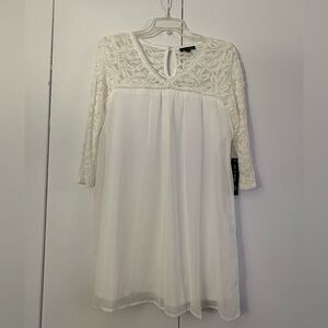As U Wish Juniors Ivory Chiffon Lace V-Neck 3/4 Sleeves Shift Dress M NEW NWT